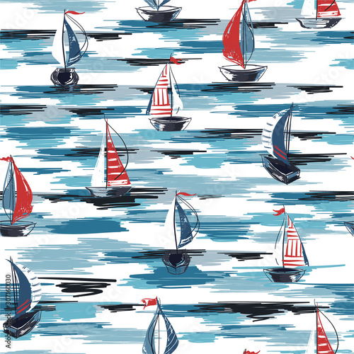 Print op canvas Beautiful Hand drawn brush summer boat,ship in the ocean seamless pattern vector