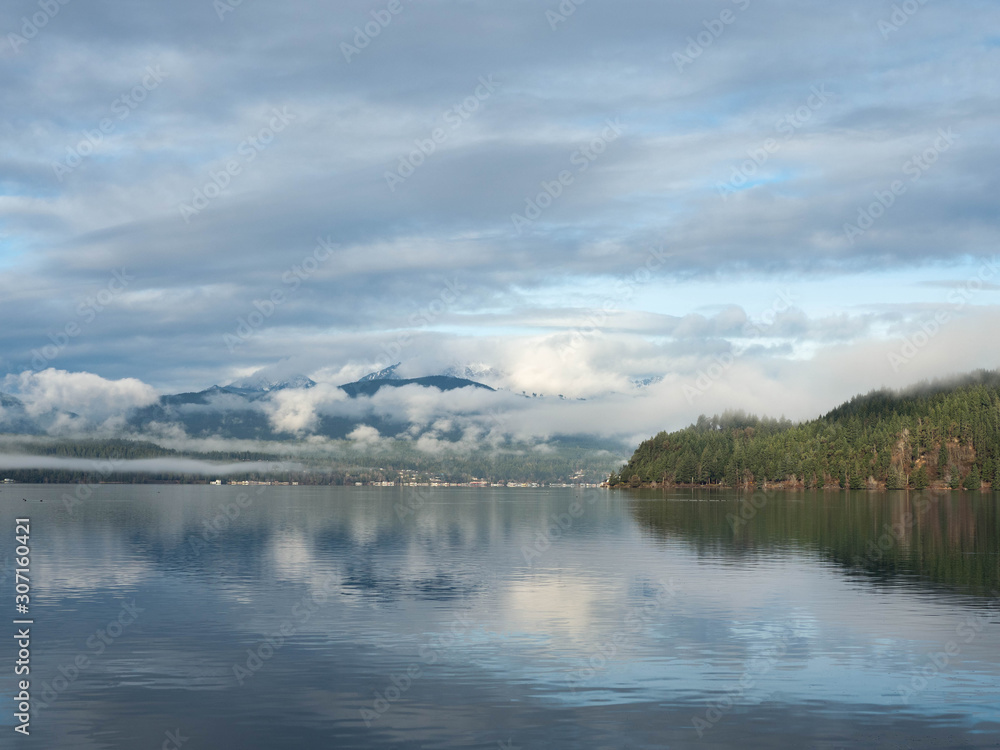Cloudy morning on Hood Canal with birds and a Marina