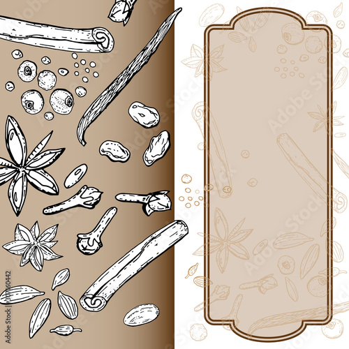 Frame with ingredients for making mulled wine. Christmas winter drink made of ginger, cinnamon, cloves, vanilla, pepper, anise. Seasonal food. Spice and flavor. Can be used to create postcards.