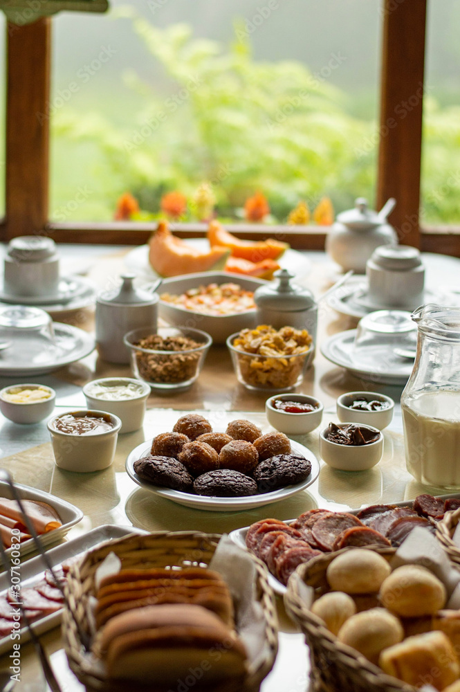 Complete and delicious hotel breakfast table