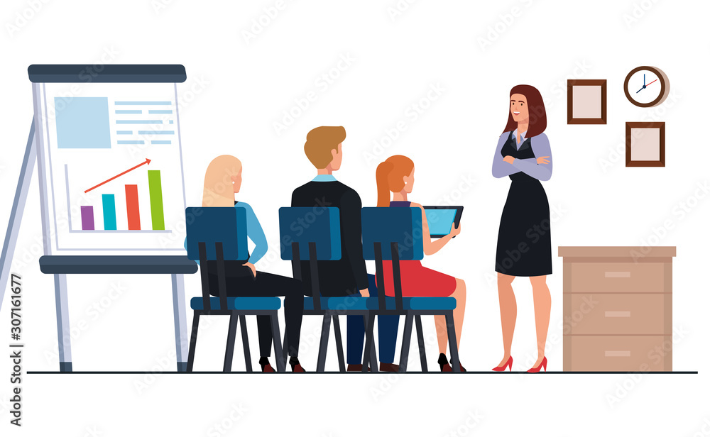 business people meeting with infographics presentation in workplace vector illustration design