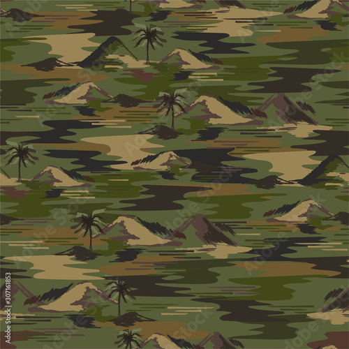 Hand drawn in brush stroke summer island and ocean in military camouflage color and mood seamless pattern in vector EPS10
