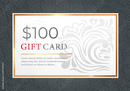 One hundred dollar gift card isolated on black background. Template of paper voucher with text and ornament. Decorated present certificate on 100 bucks for shopping. Vector illustration in flat style