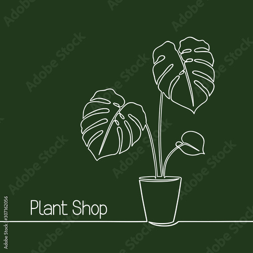 Monstera in pot drawing in one continuous line