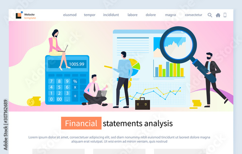 Financial statement analysis vector, people in office with magnifying glass calculator for statistics, business solution calculating data charts. Website or webpage template, landing page flat style