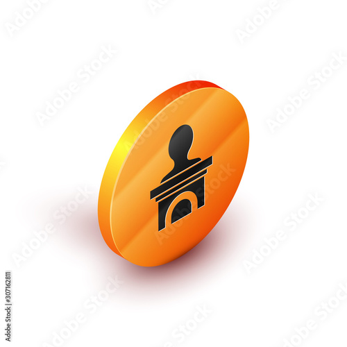 Isometric Stage stand or debate podium rostrum icon isolated on white background. Conference speech tribune. Orange circle button. Vector Illustration