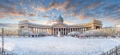 Kazan Cathedral or Kazanskiy Kafedralniy Sobor also known as the Cathedral of Our Lady of Kazan, is a Russian Orthodox Church on the Nevsky Prospekt in Saint Petersburg, Russia. Snow winter sunset