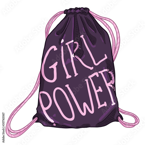 Vector Cartoon Purple Drawstring Bag with Pink Text - Girl Power.