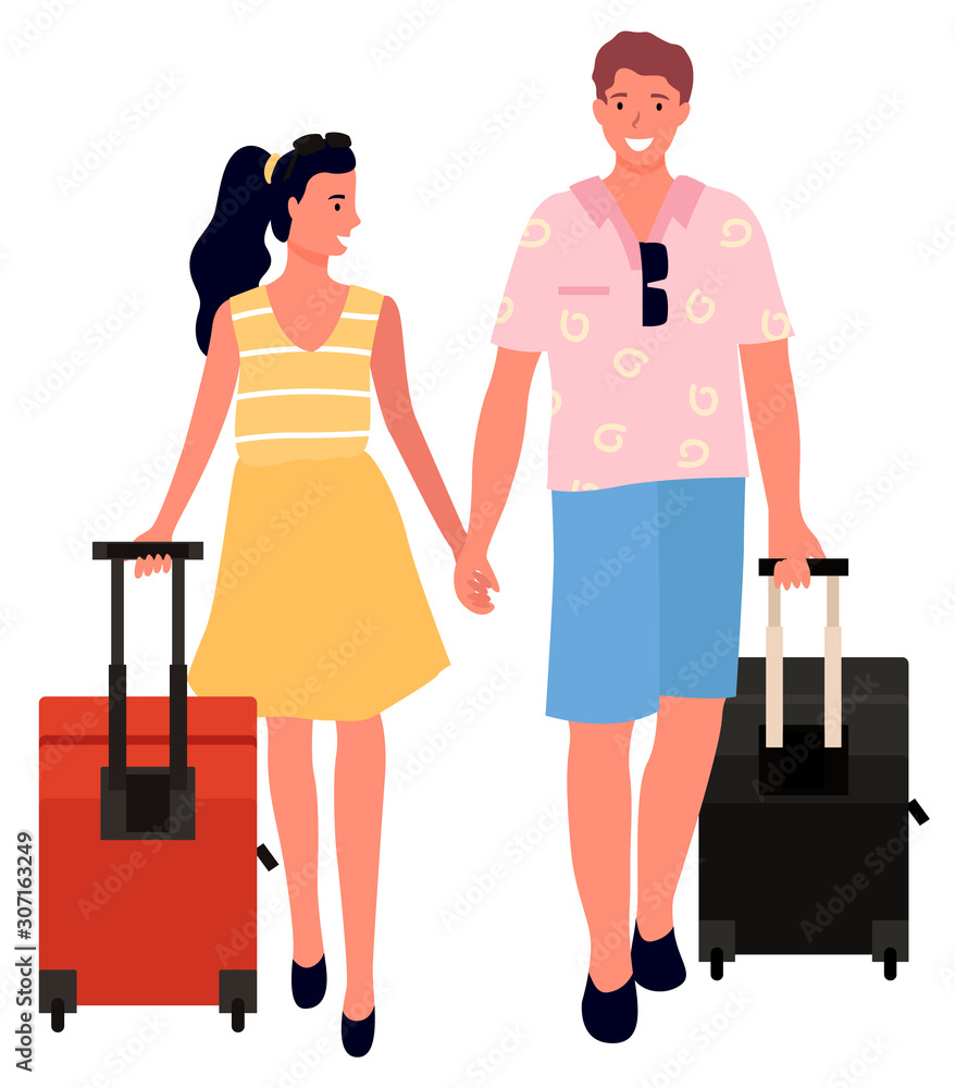 Couple of tourists with suitcases on wheels holding hands. Man and woman in summer cloth going on vacation together. happy young travelers vector Couple of tourists with suitcases on wheels holding hands. Man and woman in summer cloth going on vacation together. happy young travelers vector