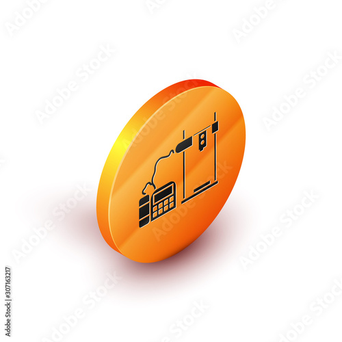 Isometric 3D printer icon isolated on white background. Orange circle button. Vector Illustration