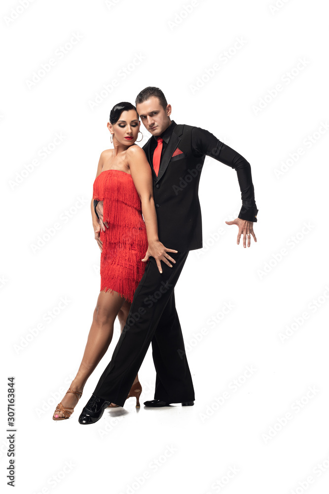 expressive couple of dancers performing tango on white background expressive couple of dancers performing tango on white background