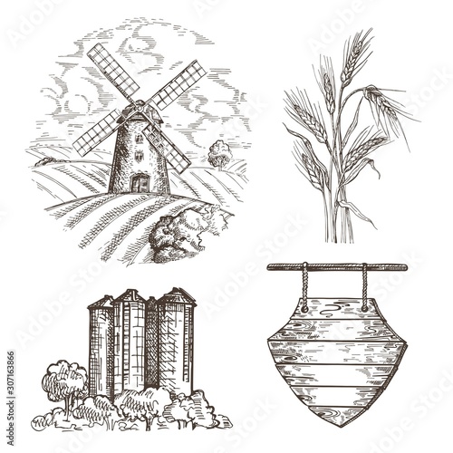 Country landscape with mill, grain elevator, wheat spike, wooden sign.
