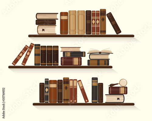Three bookshelves with old or historical brown books. Vintage vector illustration.