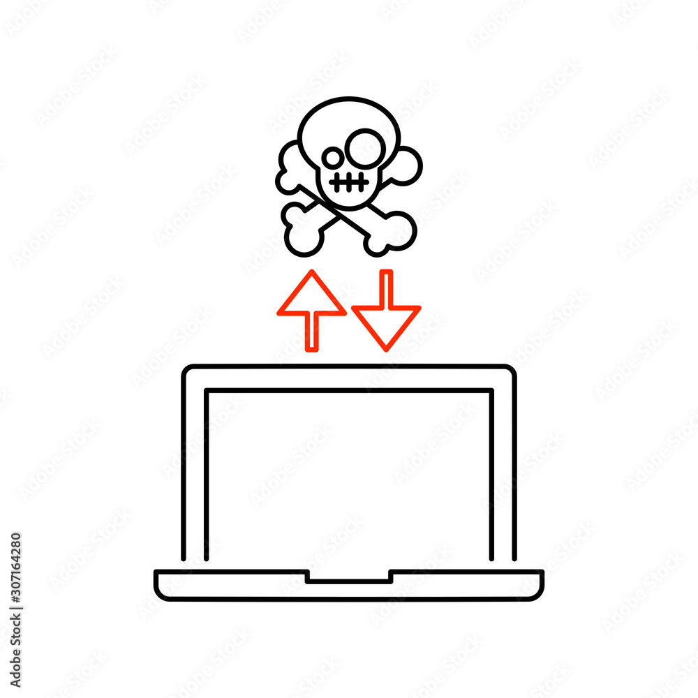 Laptop screen. Virus concept. Outline thin line flat illustration. Isolated on white background. 