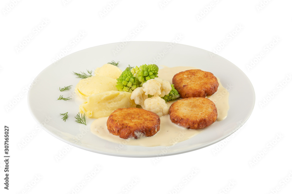 Beef cutlet served with mashed potatoes, broccoli and cauliflower in a white plate Beef cutlet served with mashed potatoes, broccoli and cauliflower in a white plate