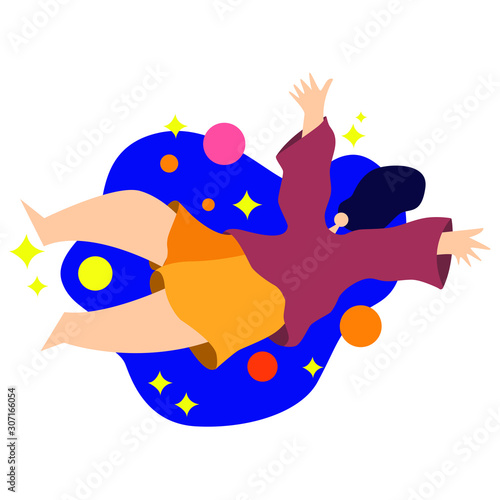 girl hovering in space girl dreaming floating in space with planets and stars blue sky red top yellow shorts happy joyful spreading her arms twinkling stars 
