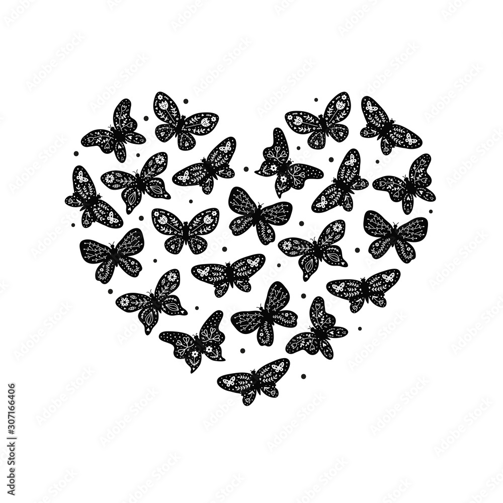 Black doodle butterflies with floral decor in Scandinavian folk style composed in heart shape.