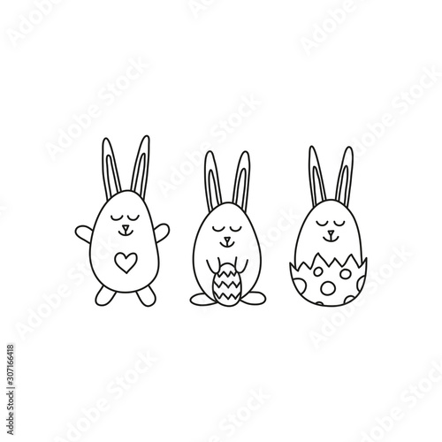 Cute doodle outline baby bunnies for Easter celebration isolated on white background.