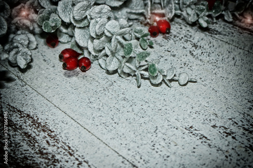 winter christmas background with branches and snow on white wooden texture. White winter background with snowy branches and berries