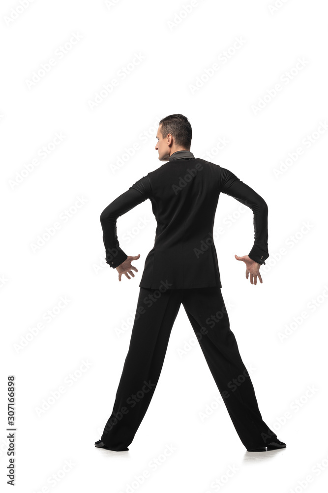 back view of stylish dancer performing tango on white background back view of stylish dancer performing tango on white background