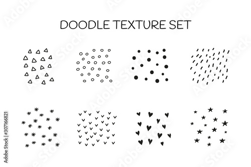 Set of doodle textures including dots, hearts, lines, snowflakes, triangles isolated on white background.
