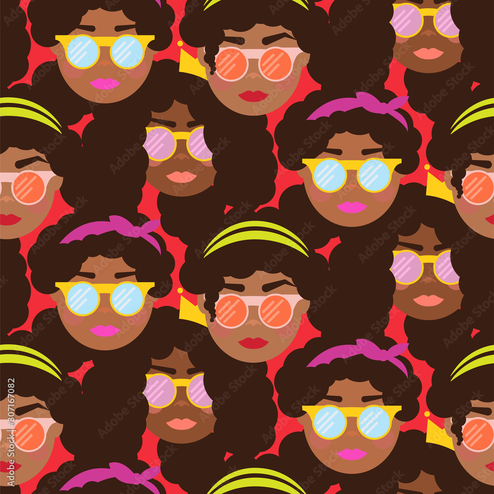 Obraz Cute girls with sunglasses seamless vector pattern. Teenager women bold patch texture.