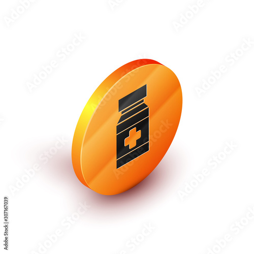 Isometric Dog medicine bottle and pills icon isolated on white background. Container with pills. Prescription medicine for animal. Orange circle button. Vector Illustration