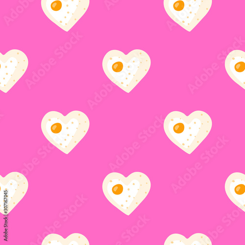 Cute pink seamless pattern with doodle heart shaped fried eggs. Perfect for Valentine's day design and children's clothes.
