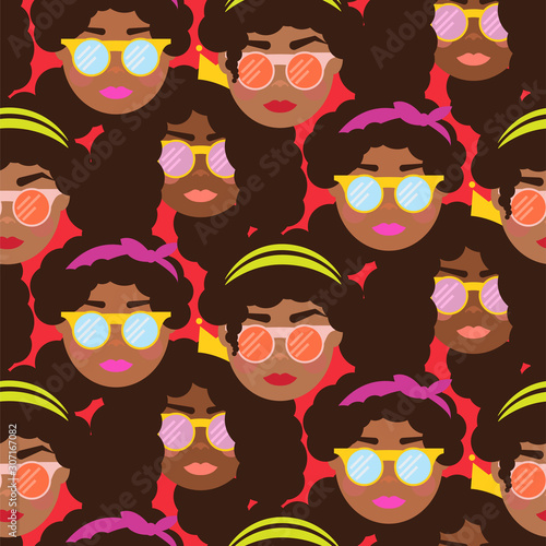Cute girls with sunglasses seamless vector pattern. Teenager women bold patch texture.