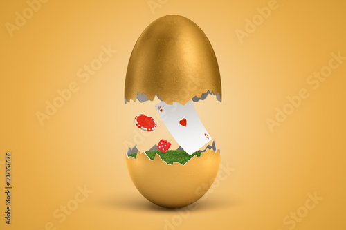 3d rendering of playing ace heart card, casino dice and token hatching out of golden egg on yellow background