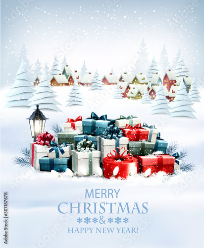 Merry Christmas and New Year holiday background with colorful gift boxes and winter village. Vector. © ecco