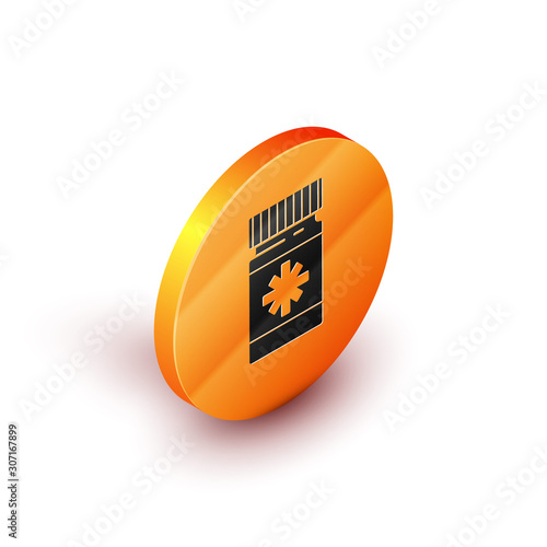 Isometric Dog medicine bottle and pills icon isolated on white background. Container with pills. Prescription medicine for animal. Orange circle button. Vector Illustration