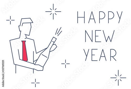 Businessman opened a bottle of champagne linear illustration. Happy new year greeting