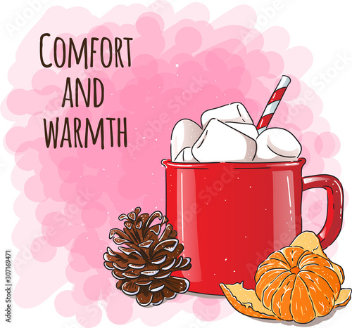 Hand draw cacao with marshmallow illustration. Christmas holiday hot drink illustration. Vector watercolor illustration