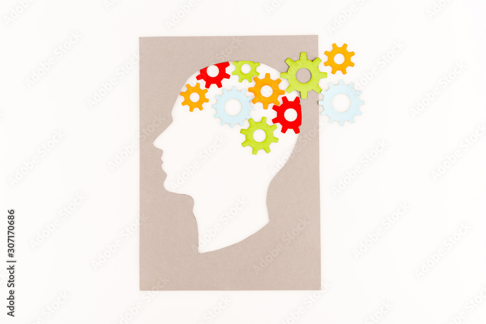 top view of human head silhouette with gears isolated on white