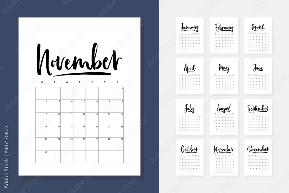 2020 new year calendar in clean minimal table simple style. Hand drawn ...