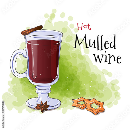 Hand draw hot mulled wine with cookies. Christmas holiday drink illustration. Vector watercolor illustration