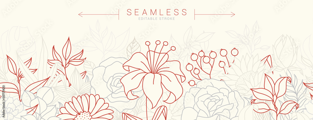 Naklejka Tropical flowers border seamless pattern in sketch style on white background - hand drawn exotic blooms of hibiscus, protea, magnolia and plumeria with colorful line contour. Vector illustration