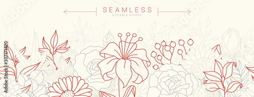 Tropical flowers border seamless pattern in sketch style on white background - hand drawn exotic blooms of hibiscus, protea, magnolia and plumeria with colorful line contour. Vector illustration