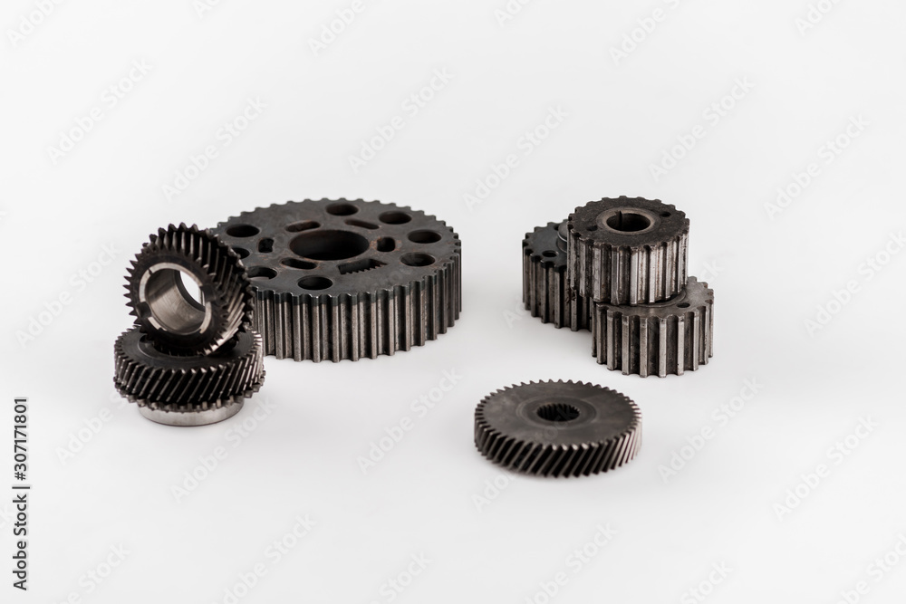 metal round gears isolated on white with copy space metal round gears isolated on white with copy space