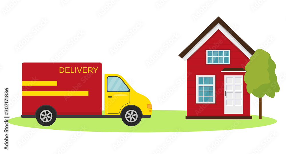 Fast delivery concept. Delivery van and house.
