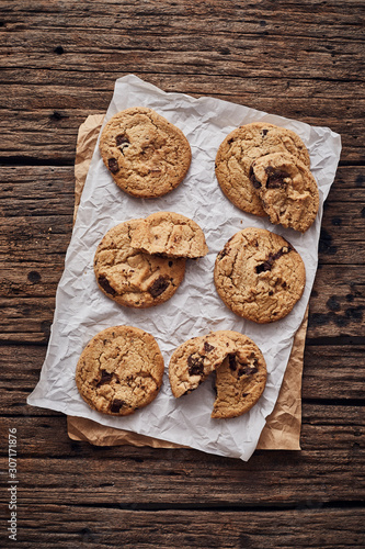 Chocolate chip cookies, Sweet biscuits, Concept for a tasty snack.