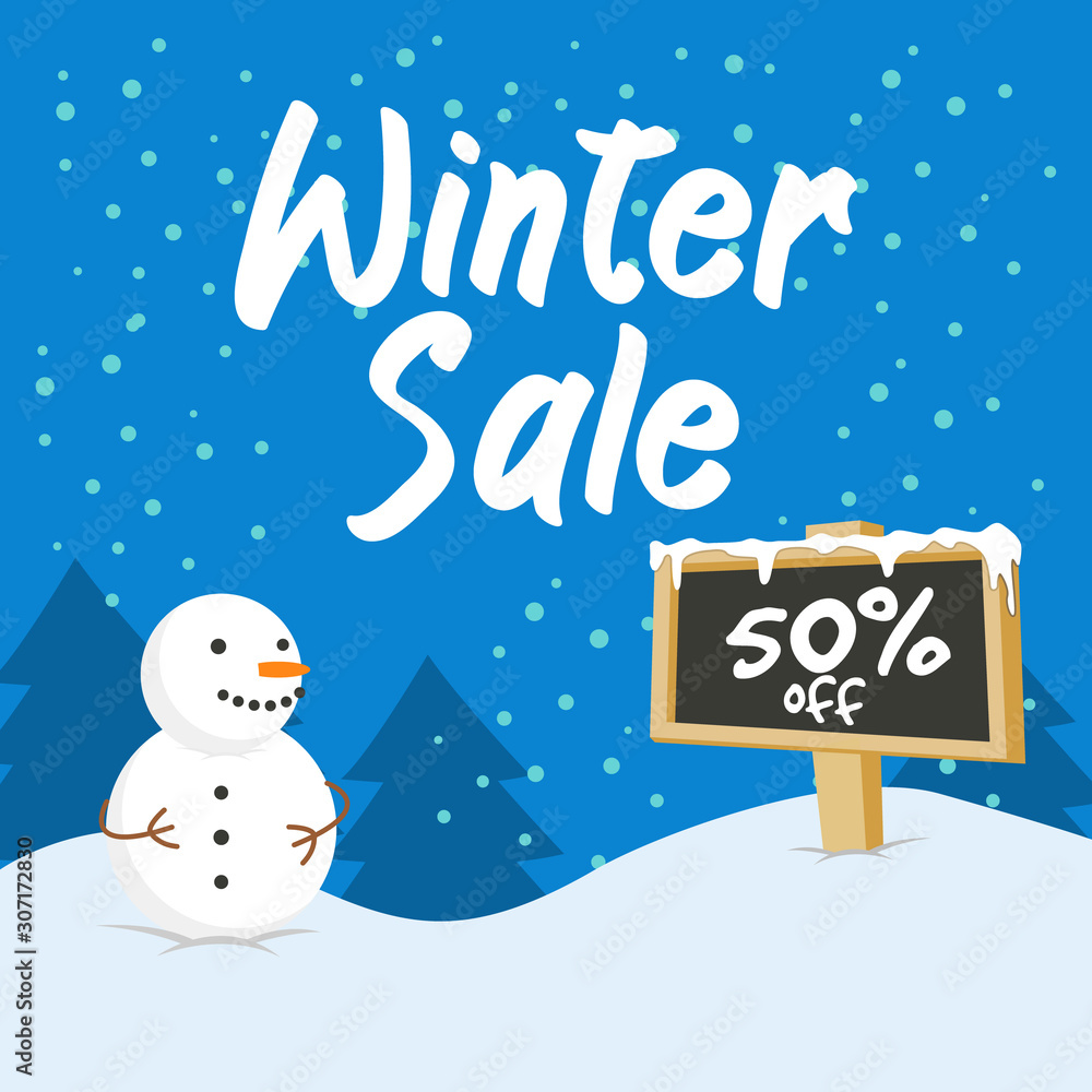 banner square winter sale with snowy board and snowman in winter night