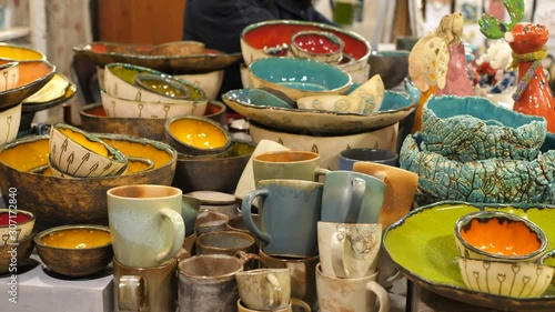 Colourful clay dishes close up