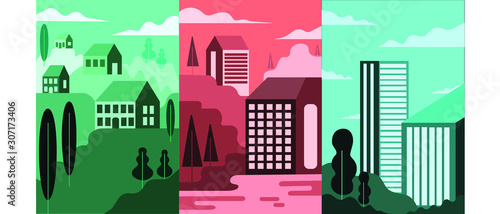 buildings different type of houses and apartments cottage mansions hotels skyscrapers commercial complex blue red different weathers 