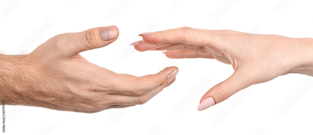 Female and male caucasian hands isolated white background showing gesture reach for each other with fingers, love. woman and man hands showing different joint gestures Female and male caucasian hands isolated white background showing gesture reach for each other with fingers, love. woman and man hands showing different joint gestures