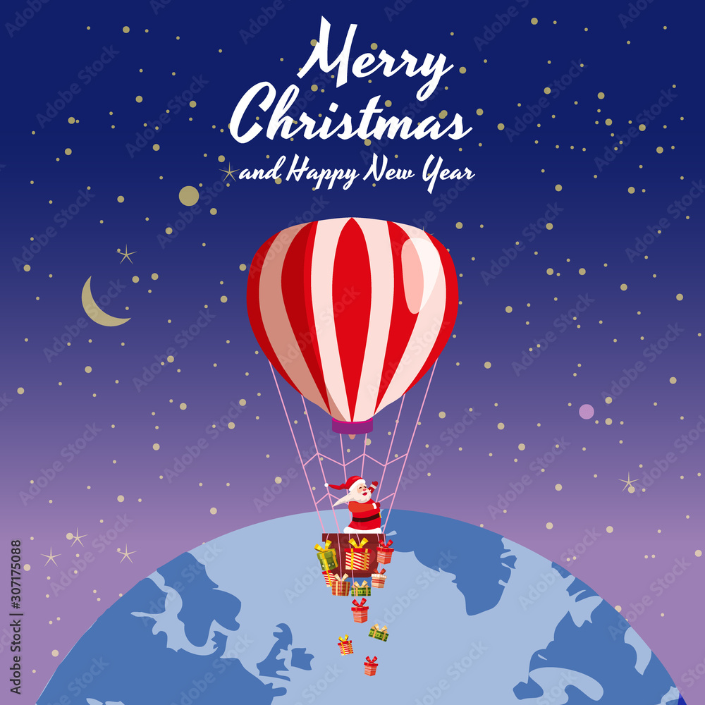 Santa Claus flying on hot air balloon Merry Christmas and Happy New Year