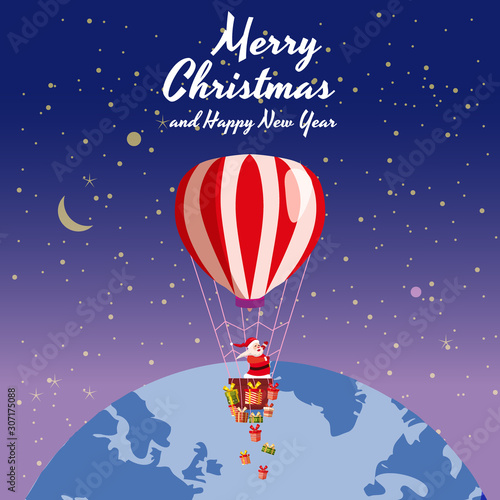 Santa Claus flying on hot air balloon Merry Christmas and Happy New Year