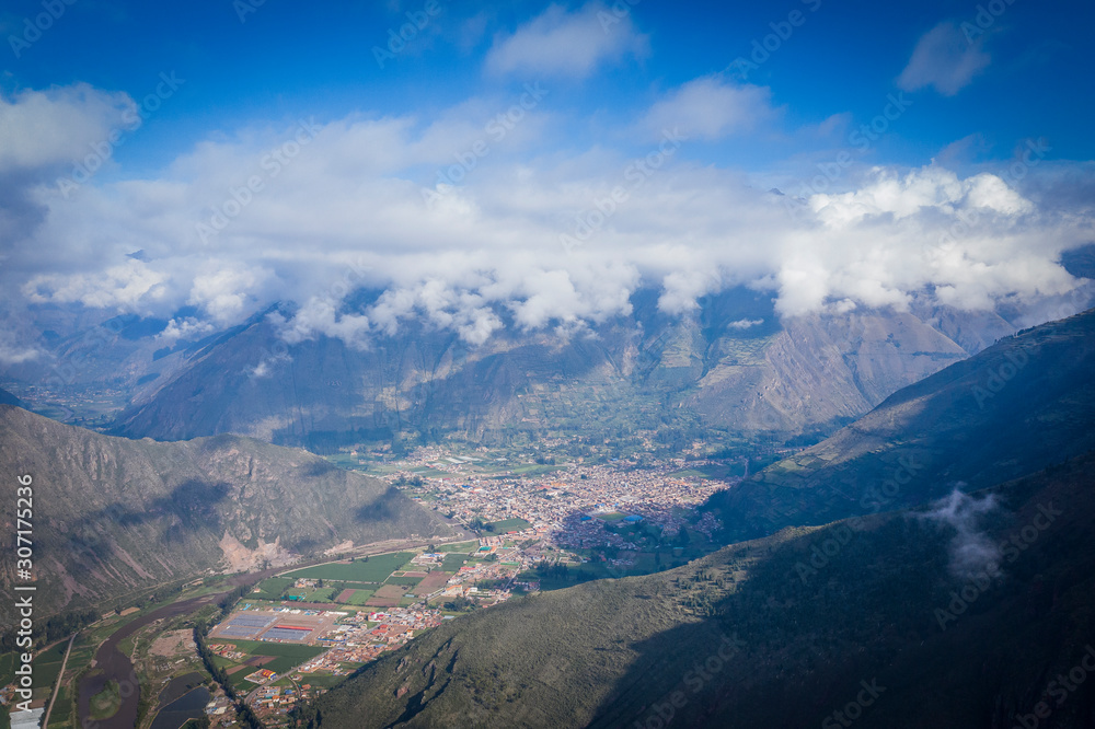 Aerial photography of Sacred Valley in Cusco.