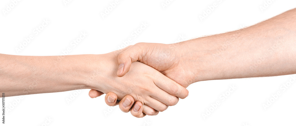 Female and male caucasian hands  isolated white background showing handshake gesture, greetings. woman and man hands showing joint different gestures